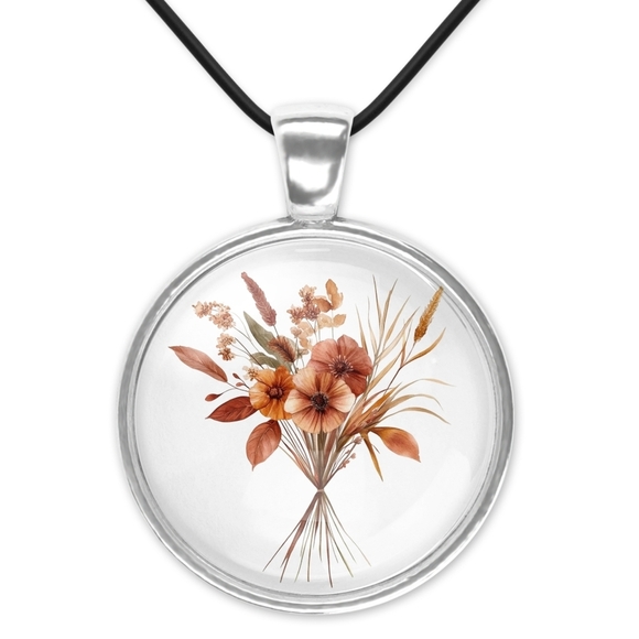 None Jewelry - Floral Pendant Necklace in Silver and Orange